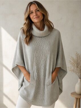 CAbi Glacier Gray Cotton Cowl Neck cable Knit Poncho Sweater Kangaroo Pocket Med